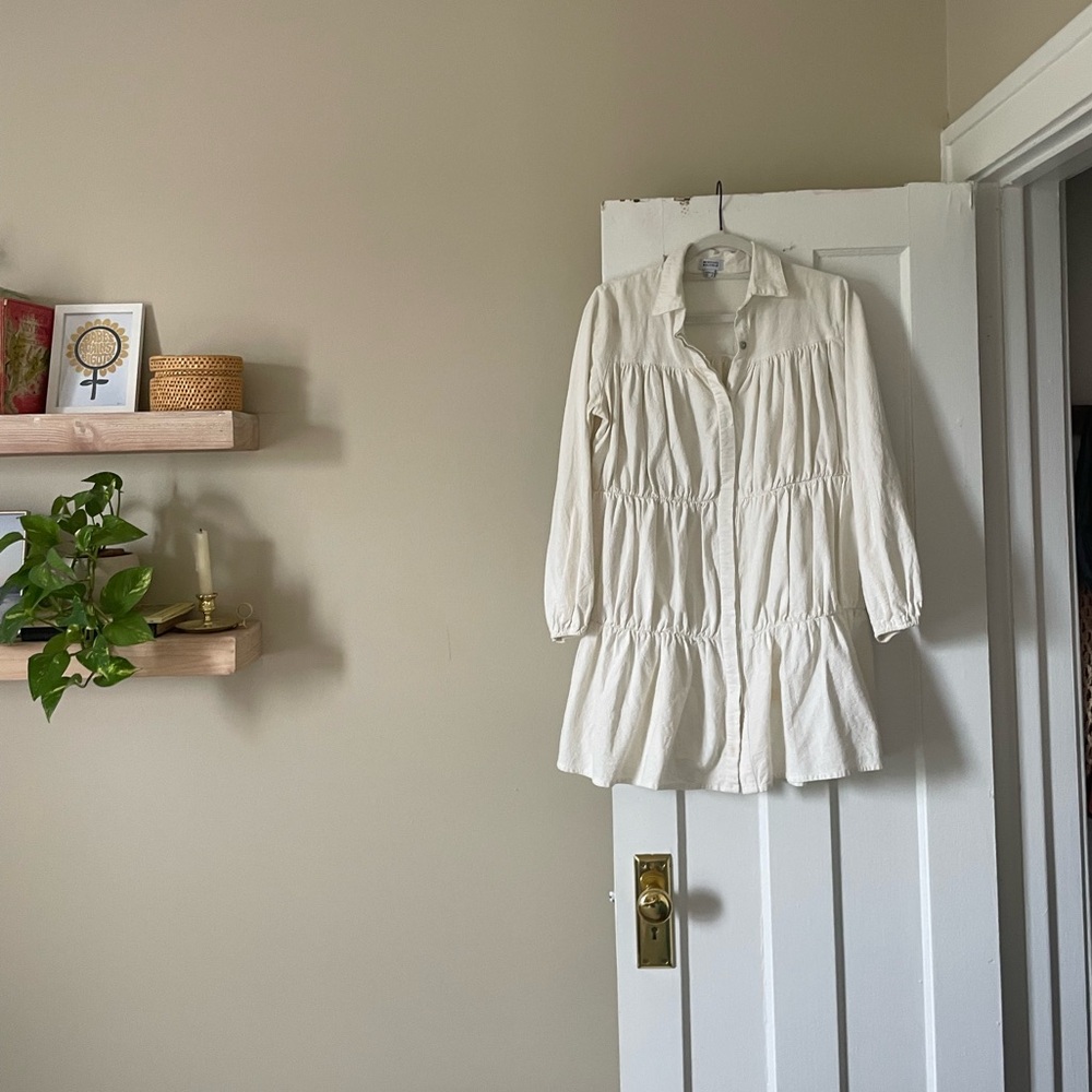 White Tiered Collared Linen Dress